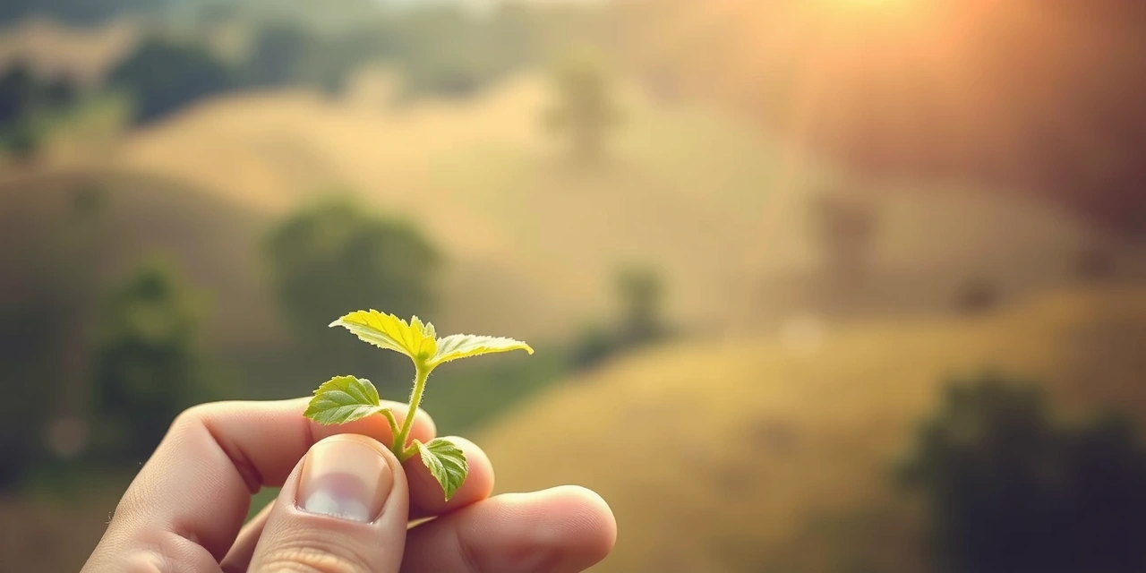 Mano che tiene una pianta verde, simboleggiando la cura e la natura