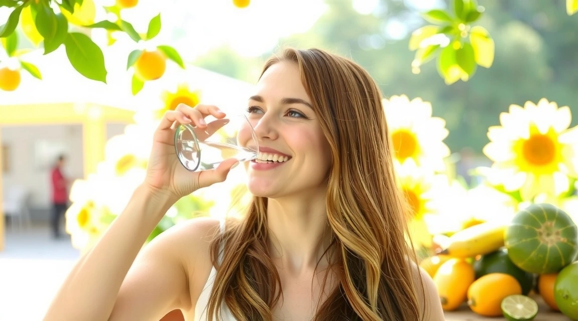 Donna che beve acqua e mangia frutta fresca, simbolo di uno stile di vita sano