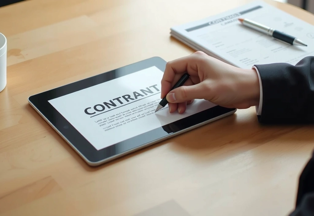 Mano che firma un contratto digitale su un tablet
